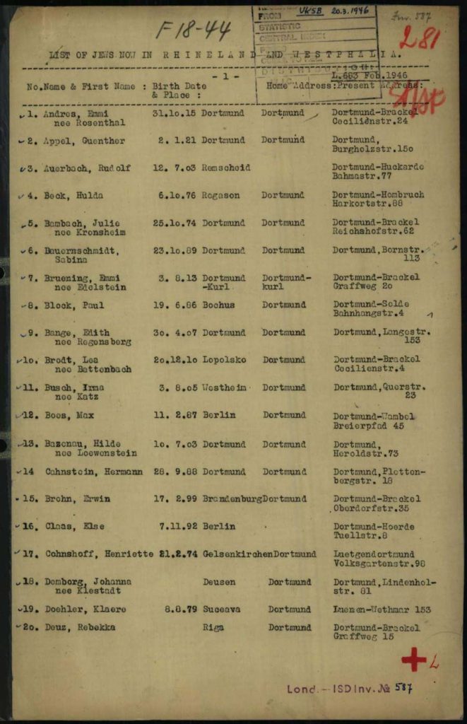 Auszug aus der Liste in Dortmund lebender Juden, 1946