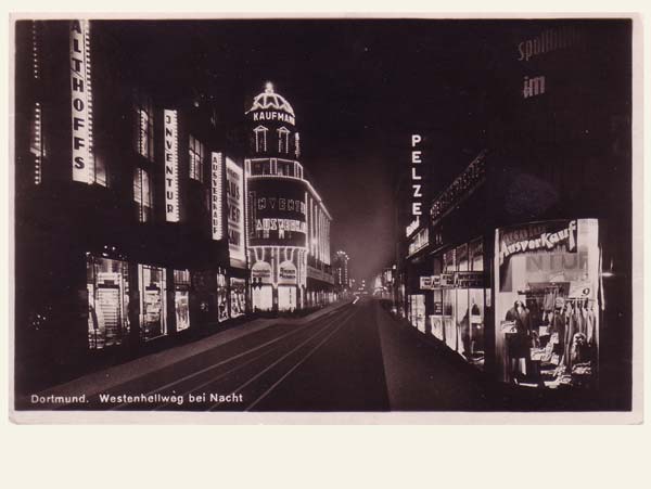 Postkarte Kaufhaus Kaufmann bei Nacht